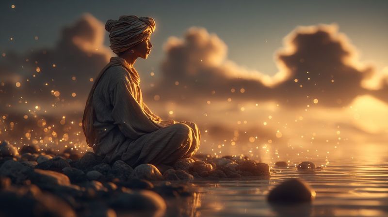 Meditation coucher soleil eau rochers nuages turban spiritualite zen calme reflexion nature contemplation paix tranquillite solitude ombre cascade Une personne est assise en tailleur sur un rivage rocheux, face au coucher du soleil. Elle porte une robe blanche et un turban. L'eau est calme, et le ciel est rempli de nuages. L'ombre de la personne est projetée sur les rochers, et l'eau reflète la lumière du soleil. La scène est paisible et sereine.