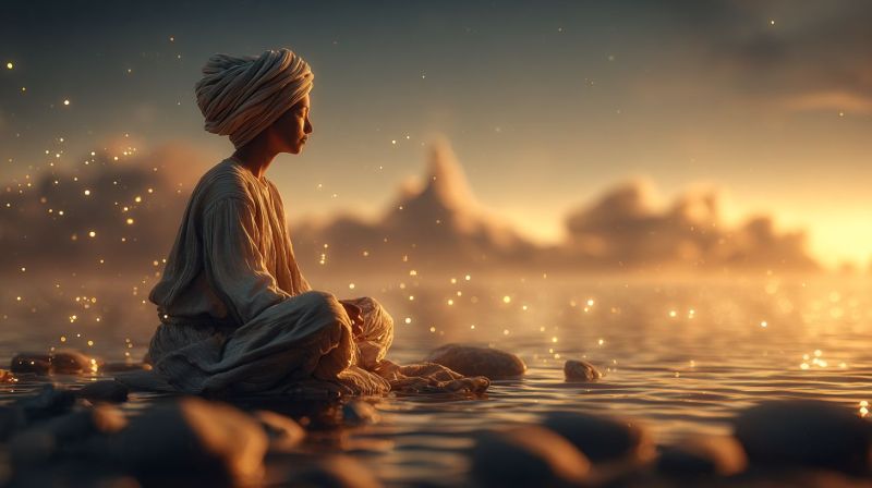 Meditation eau coucher soleil rochers turban assis reflexion nuages montagne calme nature spiritualite zen contemplation tranquillite lueur cascade Une personne est assise sur un rocher dans l'eau, portant une robe blanche et un turban. Elle regarde vers la gauche, peut-être en profonde réflexion ou en méditation. L'eau est calme, et il y a des rochers éparpillés autour. Le ciel est un mélange d'orange et de rose, indiquant soit le lever soit le coucher du soleil. Au loin, il y a une silhouette de montagne, ajoutant à l'atmosphère sereine et paisible de la scène.