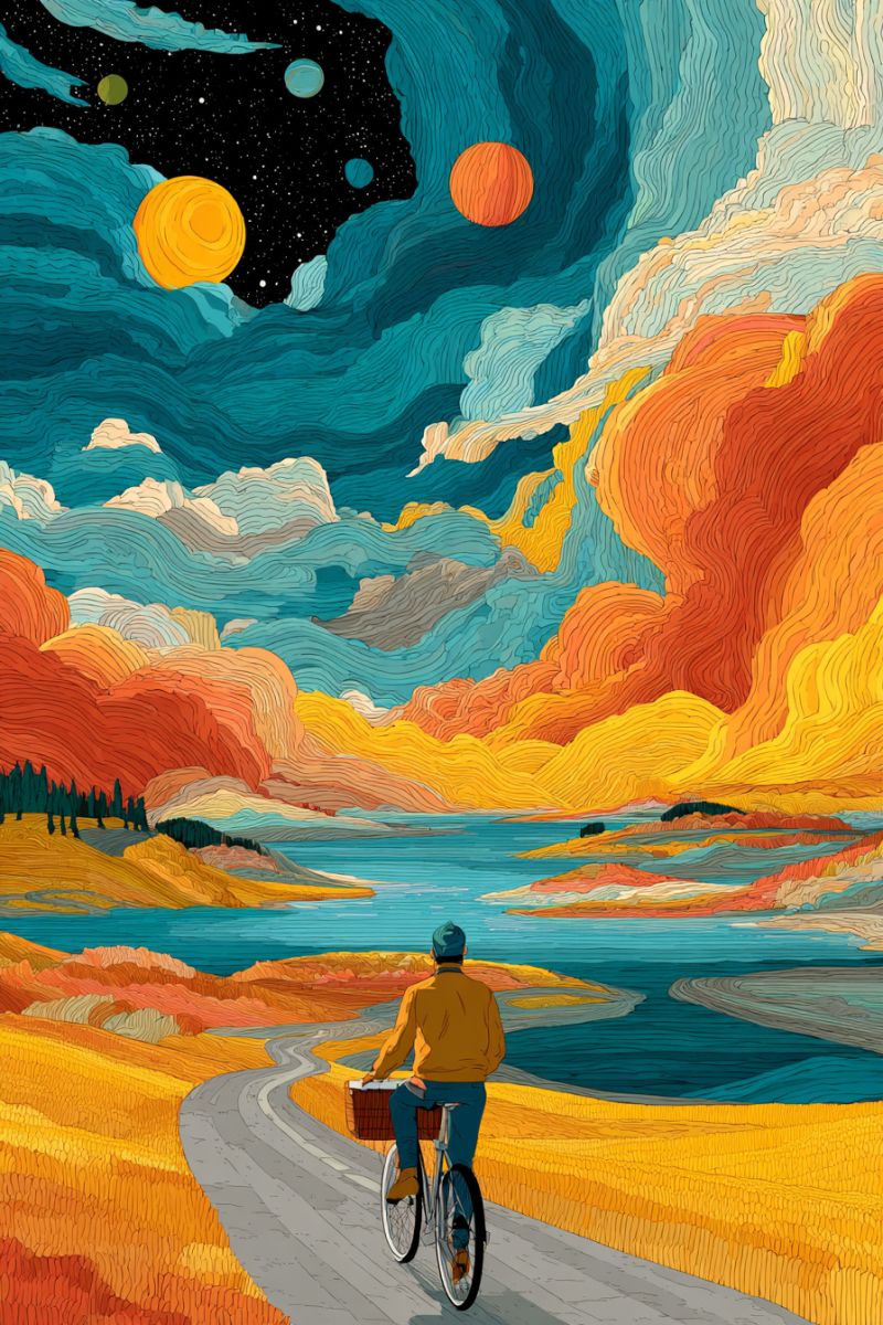 Road cyclist bicycle basket jacket hat lake mountains clouds sky planets stars space painting colorful imaginative A man rides a bicycle on a winding road through a vibrant landscape. The road is flanked by golden fields and a serene body of water. The sky is a striking blend of blues, oranges, and yellows, with swirling clouds and celestial bodies like planets and moons. The man wears a blue hat and a yellow jacket, and he has a basket attached to the front of his bike. The scene is filled with a sense of tranquility and exploration.