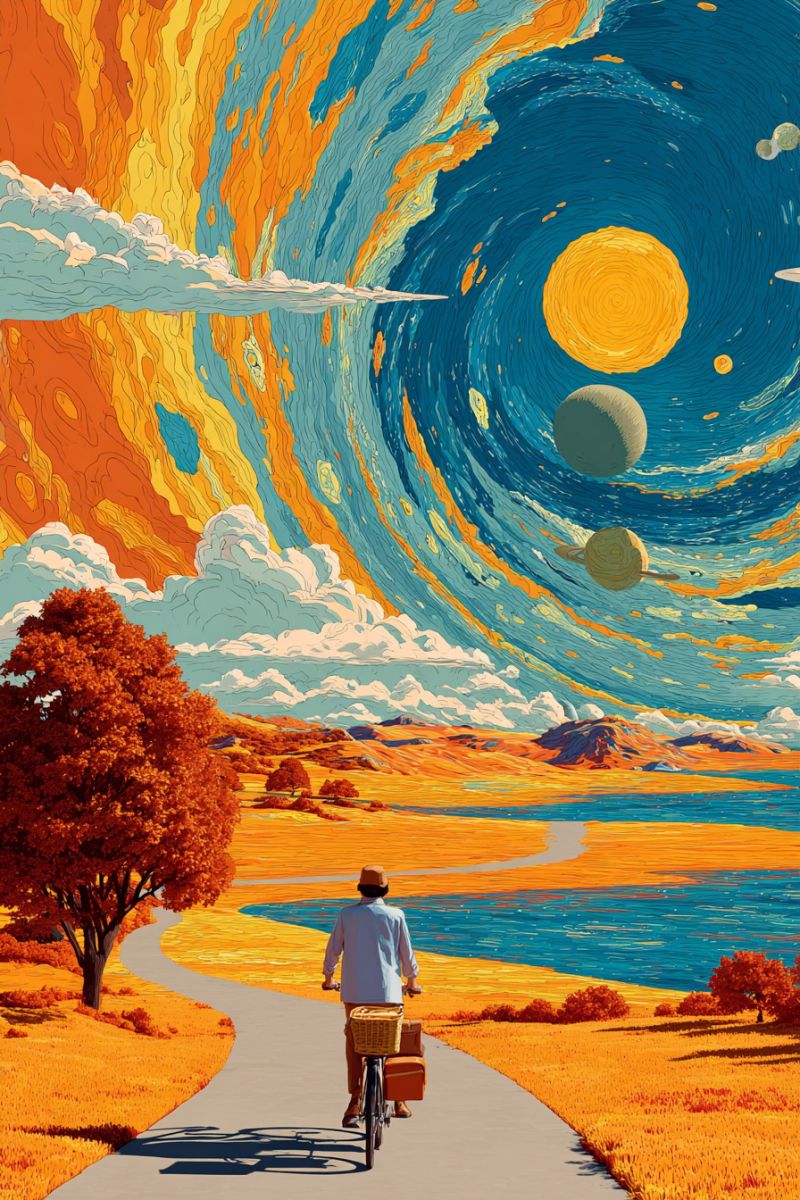 Painting bicycle man path tree sky sun cloud mountain water planet space universe orange blue yellow red green A man rides a bicycle on a winding path through a vibrant landscape. The path is surrounded by golden fields and a tree with red leaves. The sky is a mix of blue and orange hues, with swirling patterns and celestial bodies like planets and stars. The scene combines elements of nature and the cosmos, creating a surreal and dreamlike atmosphere.