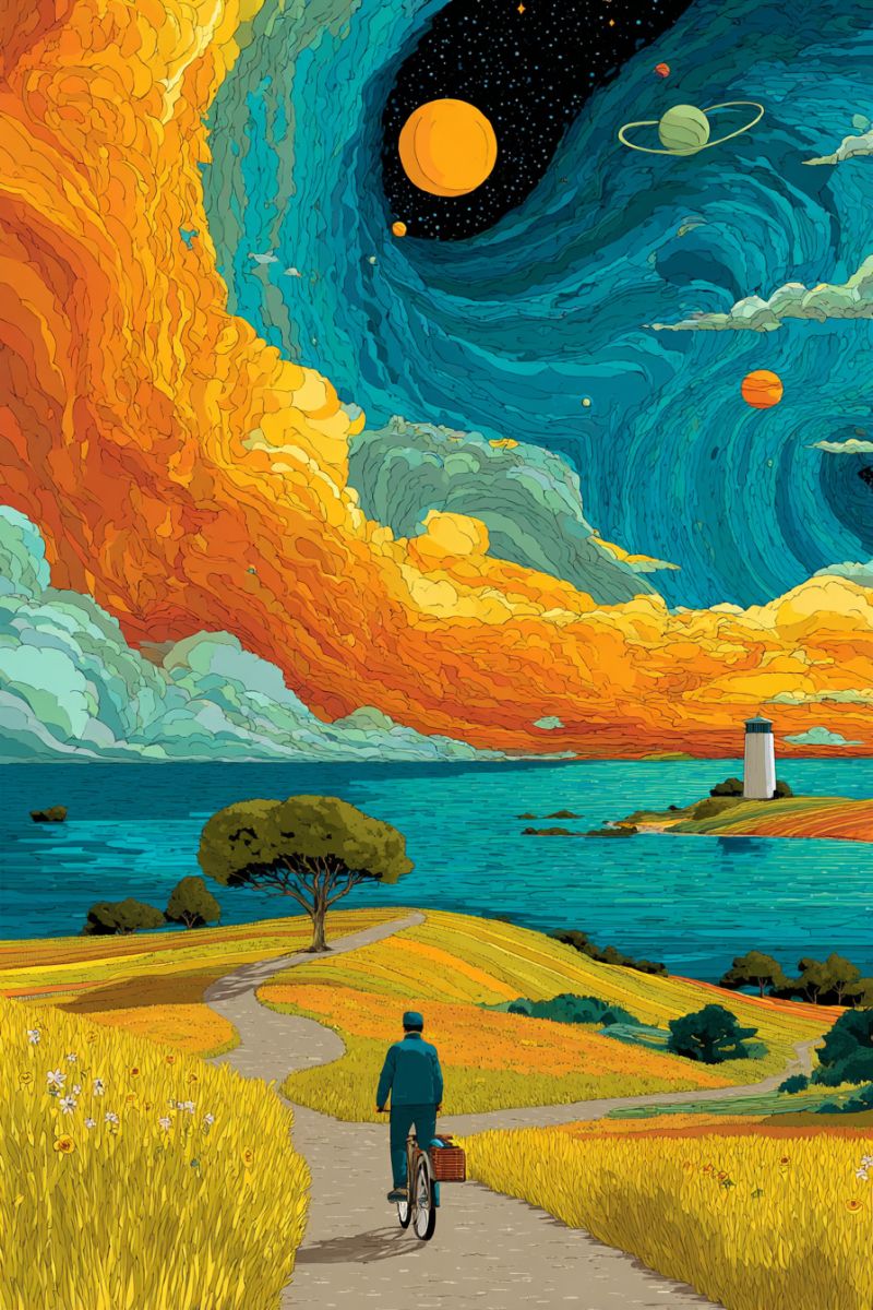 Ciel espace univers cosmos astronomie etoile planete galaxie nature eau arbre chemin velo Dans cette illustration, un homme fait du vélo sur un chemin étroit à travers un champ vibrant d'herbe haute. Le chemin mène vers une petite île avec un phare dessus, située au milieu d'une mer calme et bleue. Le ciel au-dessus est un mélange saisissant d'orange et de bleu, avec des nuages tourbillonnants et des corps célestes comme des planètes et des étoiles. La scène est encadrée par un fond de galaxie tourbillonnante, ajoutant un sentiment d'immensité et d'émerveillement au paysage paisible.