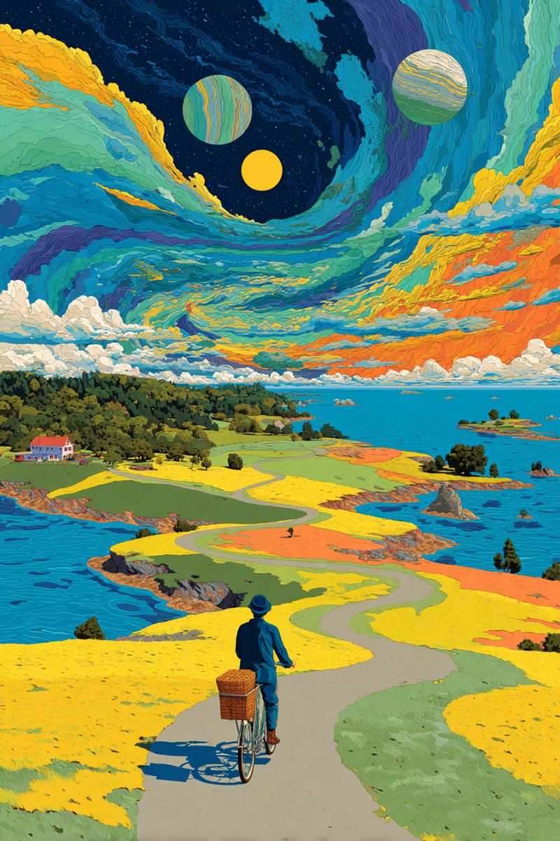 Painting bicycle cyclist path sea island house trees hill sky clouds planets stars sun mountains water rocks shadow reflection A person rides a bicycle on a path through a vibrant landscape. The path is surrounded by fields of yellow and green, with a small house visible in the distance. The sky is a mix of blue, yellow, and orange hues, with three planets visible in the distance. The scene is set against a back of a serene body of water, with small islands and trees dotting the horizon.