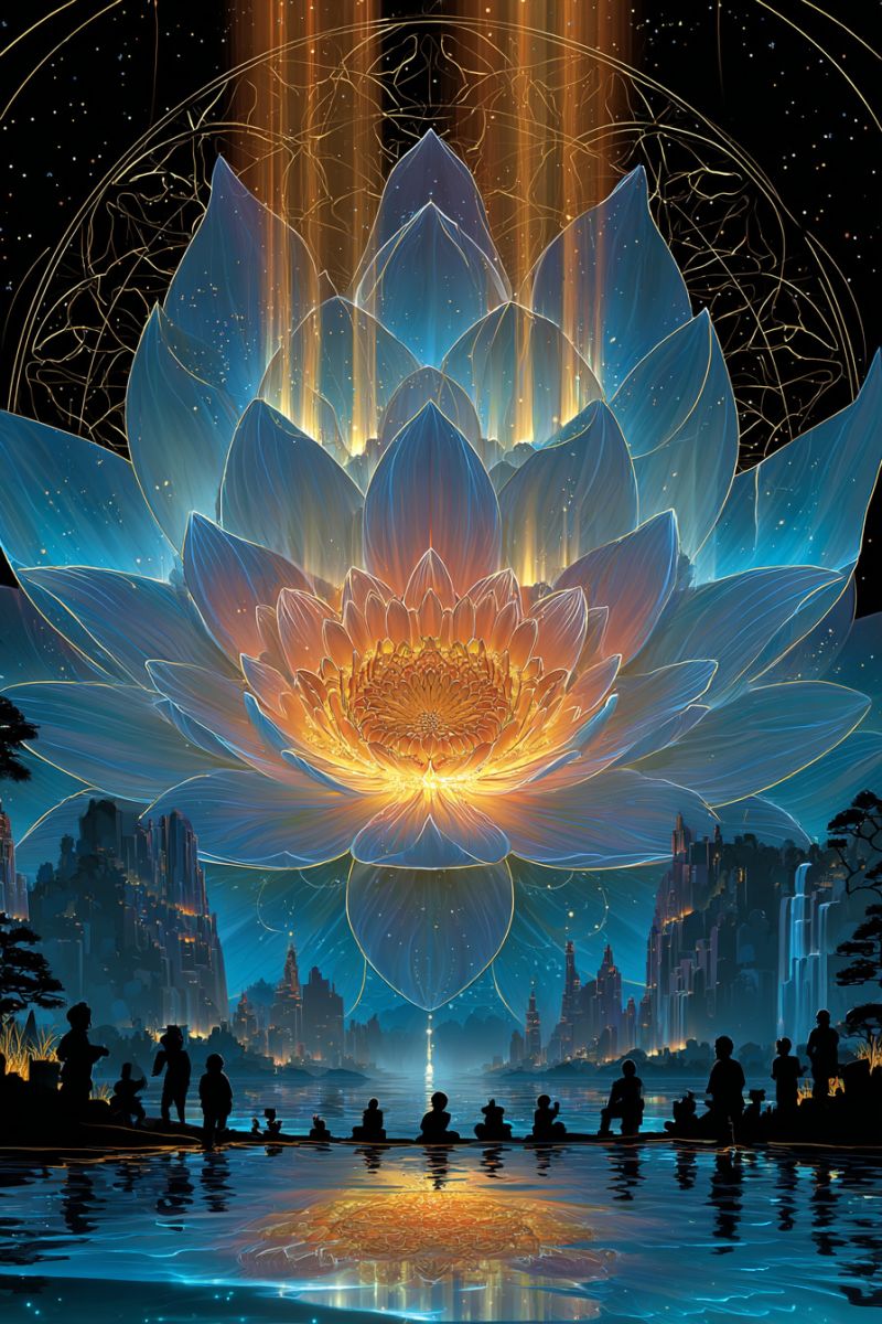 Fleur lotus eau nuit ciel ville gens reflet batiment architecture fantaisie imagination reve magie mystique lueur Une grande fleur de lotus lumineuse flotte au centre d'un lac serein, entourée d'un cercle doré. Les pétales de la fleur sont un mélange de bleu et de jaune, irradiant de la lumière. En arrière-plan, une ville avec des bâtiments hauts et un ciel étoilé est visible. Les gens sont rassemblés autour du lac, certains assis au bord de l'eau, d'autres debout, tous contemplant la fleur lumineuse. L'eau reflète la lumière de la fleur, créant un effet scintillant.