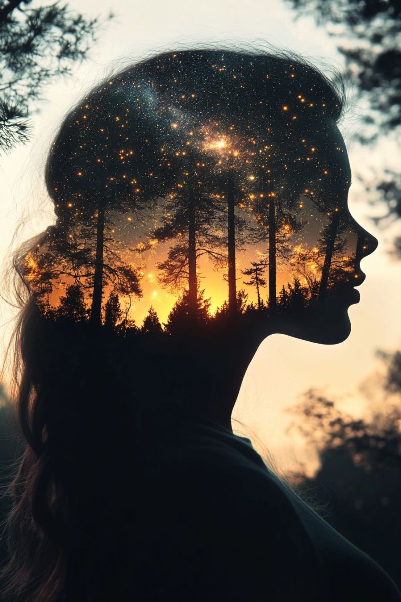 Female profile nature trees sky sunset warm stellar night stars constellation human back viewer silhouette of the profile view of a person's head, which appears to be that of a young woman with her hair styled in a bob cut. Her nose is slightly visible, and she has a neutral expression on her face. In front of her silhouette, there is an artistic depiction featuring a tree with golden leaves against a backdrop of a sunset or sunrise, with the hues ranging from orange to pink, creating a warm and inviting atmosphere. Above the tree, a sky filled with stars can be seen, suggesting that it might be nighttime. The bottom part of the image is transparent and does not contain any distinct details.