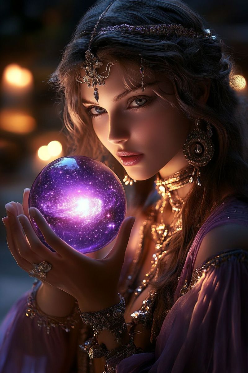 Fantasy magic astrology mystic sorcere oracle fortune teller star gazing crystal ball crystallomancy tarot card reading divination psychic witchcraft fantasy-themed scene featuring a young female character. She is holding an orb in her hands, and the orb has a celestial or starlight appearance. The character is adorned with what appears to be fantasy jewelry, possibly indicating a role as a mystic or sorceress. Her attire includes a headpiece that resembles a tiara or crown, enhancing her magical or mythical look. The background suggests an enchanted, night-time setting, with ambient lighting casting a soft glow on the scene. There are hints of candles and string lights, contributing to the mystical atmosphere. The overall color palette is rich in purples and blues, which are often associated with magic and otherworldly themes. The image has a high-resolution and detailed texture, which gives it an almost three-dimensional appearance. There are no visible texts or brands within the image. The style of the artwork suggests it could be used for purposes such as fantasy art, fantasy role-playing game (RPG) character design, or to inspire stories about magic and enchantment.