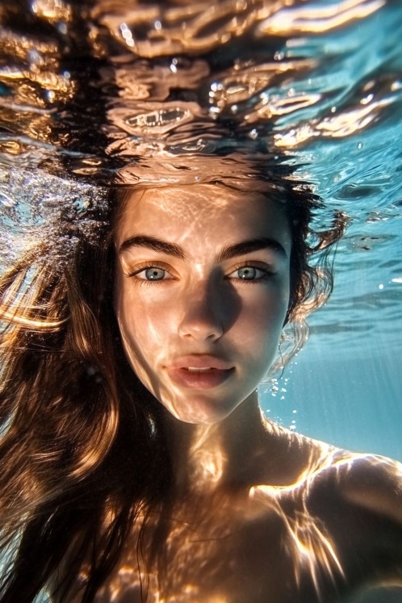 Underwater girl swimming pool clear water shot goggle droplets around summer beauty submerged woman head swimsuit hair floating Underwater girl swimming pool clear water shot goggle droplets around summer beauty submerged woman head swimsuit hair floating