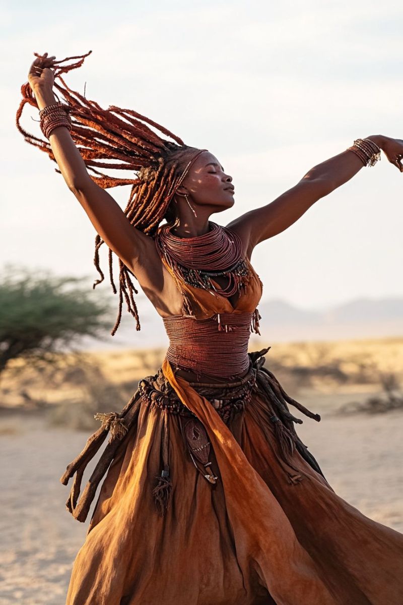 African dancer dancing woman tribal costume brown braid outdoor dance performance traditional attire beaded jewelry raised arms motion The image you've provided shows a person dancing outdoors. They are wearing traditional, ethnic clothing that could suggest an African or tribal theme. The attire includes a skirt and top with earth tones, complemented by accessories such as bead necklaces and bracelets. The person has dreadlocks and their arms are extended in the air, one hand raised higher than the other, giving off the impression of a dynamic movement. The backdrop appears to be a barren landscape with sandy ground and sparse vegetation, possibly a desert environment. There is no text present on the image that I can describe.