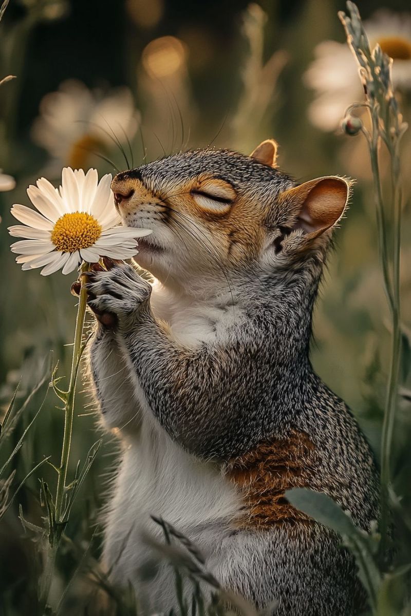 Animal squirrel daisy mouth flower forest wildlife closeup small mammal outdoor nature squirrel. The squirrel is depicted in a natural, outdoor setting, with wildflowers around it. It has a content expression, perhaps because it's enjoying the sunshine and the gentle breeze. The squirrel's fur looks soft and fluffy, indicating that it might be a close-up of a real animal captured in a photograph or an illustration. The background is out of focus but shows what seems to be a field with tall grasses and more wildflowers, suggesting a peaceful and serene environment typical for a squirrel's habitat. The lighting suggests either early morning or late afternoon, as the light appears soft and warm, which are common characteristics of such times of day. If this were a photograph, it would likely be used for educational purposes to teach about animals and their natural environments, or for artistic purposes to appreciate the beauty of wildlife in their natural settings. The squirrel's action of blowing on something could also symbolize curiosity or playfulness often associated with these creatures.