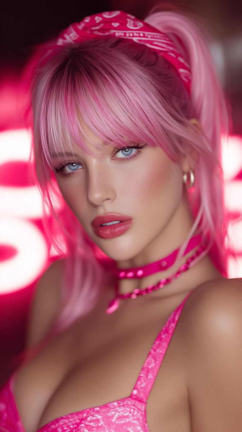Femme rose bandana collier boucle oreille oeil maquillage beaute accessoires bijoux tenue Une femme aux cheveux roses est en train de poser pour une photo. Elle a un bandana rose sur la tête et porte un haut rose avec un motif. Elle a un collier ras-du-cou rose et des boucles d'oreilles. Son maquillage comprend du rouge à lèvres rose et du fard à paupières. Elle regarde directement l'appareil photo avec une expression sérieuse. L'arrière-plan est rose et flou.