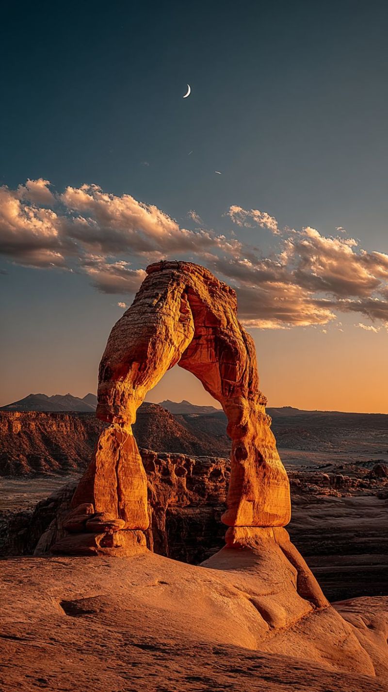 Arch desert sunset moon clouds mountains sky nature outdoors geology travel adventure scenery vista horizon shadow rock formation The image captures a stunning natural landscape at sunset. In the foreground, there is a large, iconic arch-shaped rock formation, known as Delicate Arch, situated in the middle of a desert. The arch is made of reddish-brown sandstone and has a smooth, curved shape. The sky above is a deep blue, transitioning to a warm orange and pink hue near the horizon, indicating the setting sun. The sun itself is partially visible, peeking out from behind the arch, casting a golden glow on the rock and the surrounding landscape. In the background, there are distant mountains with a silhouetted, rugged appearance. The sky is dotted with a few clouds, adding texture and depth to the scene.