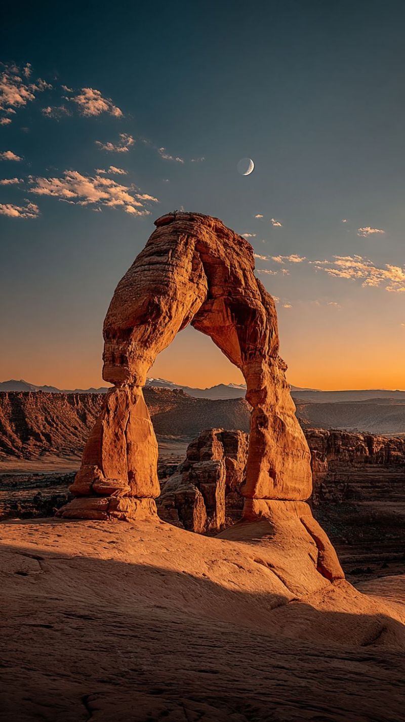 Arch desert sunset moon sky clouds mountains horizon rocks cliffs valley nature outdoors travel adventure scenery vista rock formation a large, natural rock formation resembling an arch stands prominently in the foreground. The arch is made of reddish-brown sandstone and has a smooth, curved shape. The sky above is a mix of blue and orange hues, indicating either sunrise or sunset. The moon is visible in the sky, appearing as a crescent. The landscape around the arch is rugged, with rocky outcrops and a vast, open desert stretching into the distance. The shadows cast by the arch and the surrounding rocks add depth and texture to the scene.