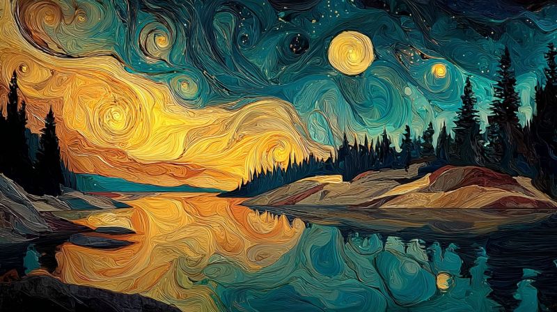 Etoiles lune lac reflet arbres montagnes nuit coucher soleil eau ciel nuages foret rochers van gogh Scène de nuit sereine avec une grande pleine lune illuminant le ciel. Le ciel est d'un bleu profond, avec des motifs tourbillonnants de jaune et d'orange qui suggèrent un mouvement, représentant peut-être des étoiles ou l'aurore boréale. Au premier plan se trouve un lac calme, dont la surface reflète les couleurs du ciel et des arbres. Les arbres sont d'un vert foncé et semblent être des conifères, se dressant sur le rivage du lac. Le paysage est encadré par une silhouette de collines rocheuses en arrière-plan. L'ambiance générale est tranquille et mystique, avec la lumière de la lune projetant une douce lueur sur la scène.