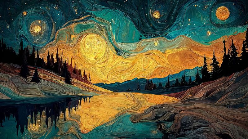 Night sky stars moon lake trees mountains reflection sunset painting nature impressionism colorful scenery outdoors evening van gogh serene night landscape with a large, reflective lake at the foreground. The sky is a vibrant mix of blues, yellows, and oranges, suggesting a sunset or sunrise. The sky is filled with swirling patterns, reminiscent of Van Gogh's style, with stars and a large, glowing moon. The moon is surrounded by a halo of light, adding to the mystical atmosphere. The lake mirrors the sky and surrounding trees, which are silhouetted against the sky. In the background, there are hills and mountains, with a few trees dotting the landscape. The overall scene is peaceful and tranquil, with a sense of calm and wonder.
