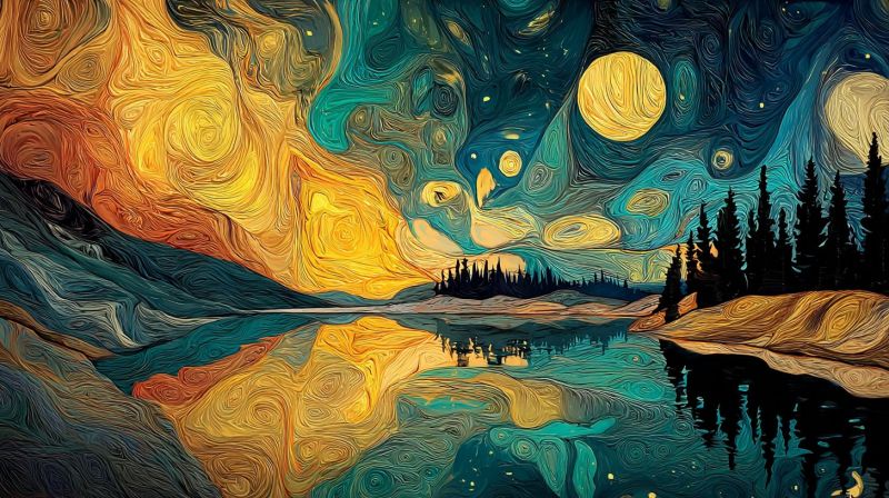Nuit ciel lune lac arbres reflet eau nocturne coucher soleil impressionnisme van gogh etoile Scène nocturne avec une grande pleine lune lumineuse dans le ciel, entourée de quelques petites étoiles. Le ciel est peint de couleurs tourbillonnantes et vibrantes, principalement des bleus, verts et jaunes, créant un effet dynamique et presque abstrait. Sous le ciel, il y a un lac serein reflétant les couleurs du ciel et de la lune, ajoutant une qualité de miroir à la scène. Sur le côté gauche du lac, il y a des silhouettes d'arbres et de montagnes, tandis que sur la droite, il y a une forêt dense d'arbres à feuilles persistantes. L'atmosphère générale est tranquille et mystique, avec la lumière de la lune projetant une douce lueur sur le paysage.