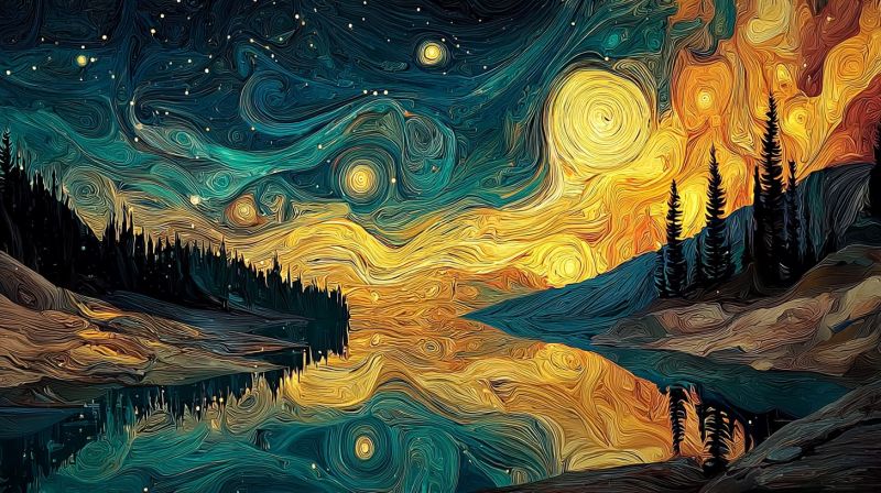 Nuit ciel lac arbres montagnes reflet eau impressionnisme nocturne obscurite nature van gogh etoile Paysage de nuit serein avec une grande pleine lune lumineuse dans le ciel, entourée de nuages tourbillonnants de jaune et de bleu. Le ciel passe du bleu profond aux jaunes et oranges chauds près de l'horizon, suggérant soit l'aube soit le crépuscule. Un lac calme reflète les couleurs du ciel et les silhouettes des pins sur le rivage. Les arbres sont sombres et nettement définis, se détachant sur le fond plus clair du ciel. L'eau est lisse, reflétant le ciel et les arbres avec un léger effet de ondulation, ajoutant à l'atmosphère tranquille. Des étoiles sont dispersées dans le ciel, contribuant à l'ambiance paisible de la nuit.