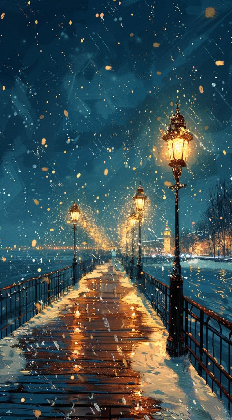 Nocturne ville noel hiver pont lampadaires neiges air atmosphere festive decorations fetes ambiance candelabre La scène est située dans un emplacement actuel. Le pont est éclairé par des lampadaires et présente des lumières qui créent une ambiance de ville avec des bâtiments partiellement visibles. On voit des feuilles de neige, ce qui suggère qu'il pourrait s'agir d'une scène festive ou simplement d'un cadre hivernal. Les grillages du pont sont visibles et il y a des gens qui semblent marcher sur le pont, leurs figures légèrement floues par les lumières et la distance. Le ciel est rempli de étoiles et le pont conduit vers un corps d'eau, probablement un fleuve, où on peut voir plus de sources lumineuses. La mode générale de cette image est romantique ou festive en raison de l'atmosphère neigeuse et de la luminosité douce et chaude qui contraste avec la nuit froide.