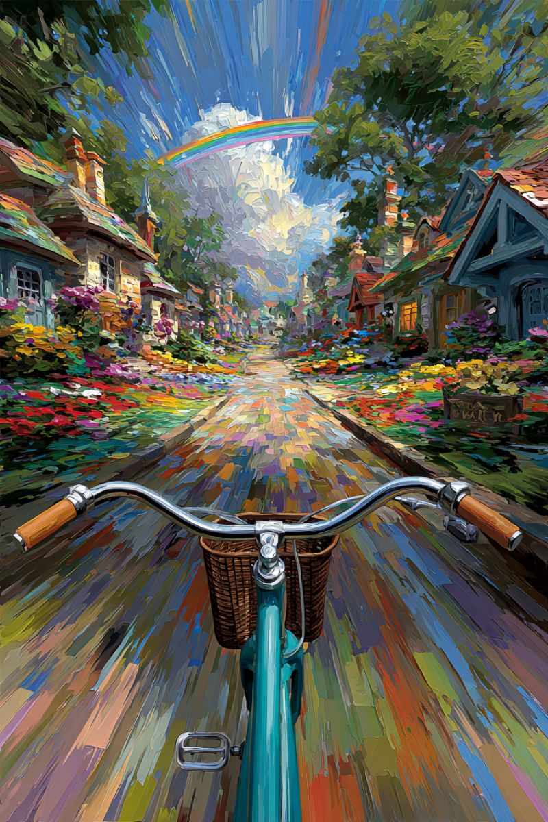 Bicycle route arc ciel fleurs maisons arbres soleil rue urbain architecture floral impressionnisme impressionniste moderne Scène vibrante et colorée d'un vélo descendant une rue pittoresque. Le vélo est bleu turquoise avec des poignées de guidon marron et un panier à l'avant. La rue est bordée de charmantes maisons, chacune avec des détails architecturaux uniques tels que des cheminées et des toits colorés. Les maisons sont ornées de jardins luxuriants remplis d'une variété de fleurs en rouges, jaunes et violets. Le ciel au-dessus est un mélange de bleu et de blanc avec un arc-en-ciel s'arc-boutant gracieusement à travers, ajoutant une touche magique à la scène. L'atmosphère générale est joyeuse et vivante, avec les couleurs se mélangeant dans un style pictural joyeux.