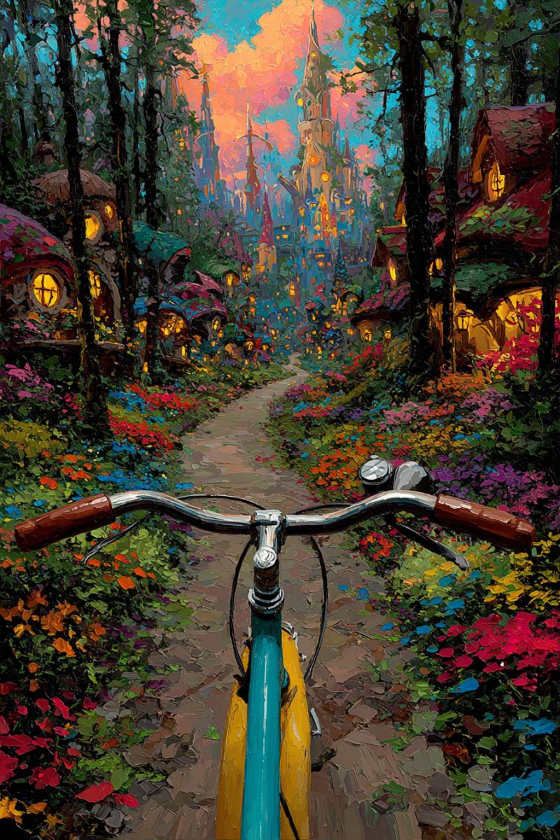 Bicycle pathway flowers houses castle trees painting fantasy imagination colorful nighttime streetlights road village architecture vibrant, colorful scene featuring a bicycle positioned centrally in a lush, flower-filled pathway. The bicycle has a yellow frame and blue handlebars, with brown grips. The pathway is lined with a variety of colorful flowers, including red, blue, yellow, and purple blooms. The background shows a whimsical, fairy-tale-like village with quaint, colorful houses adorned with glowing windows. The houses are nestled among tall, leafy trees, and the sky above is painted with warm, sunset hues of orange and pink. In the distance, a castle-like structure with spires and towers stands out against the colorful backdrop.