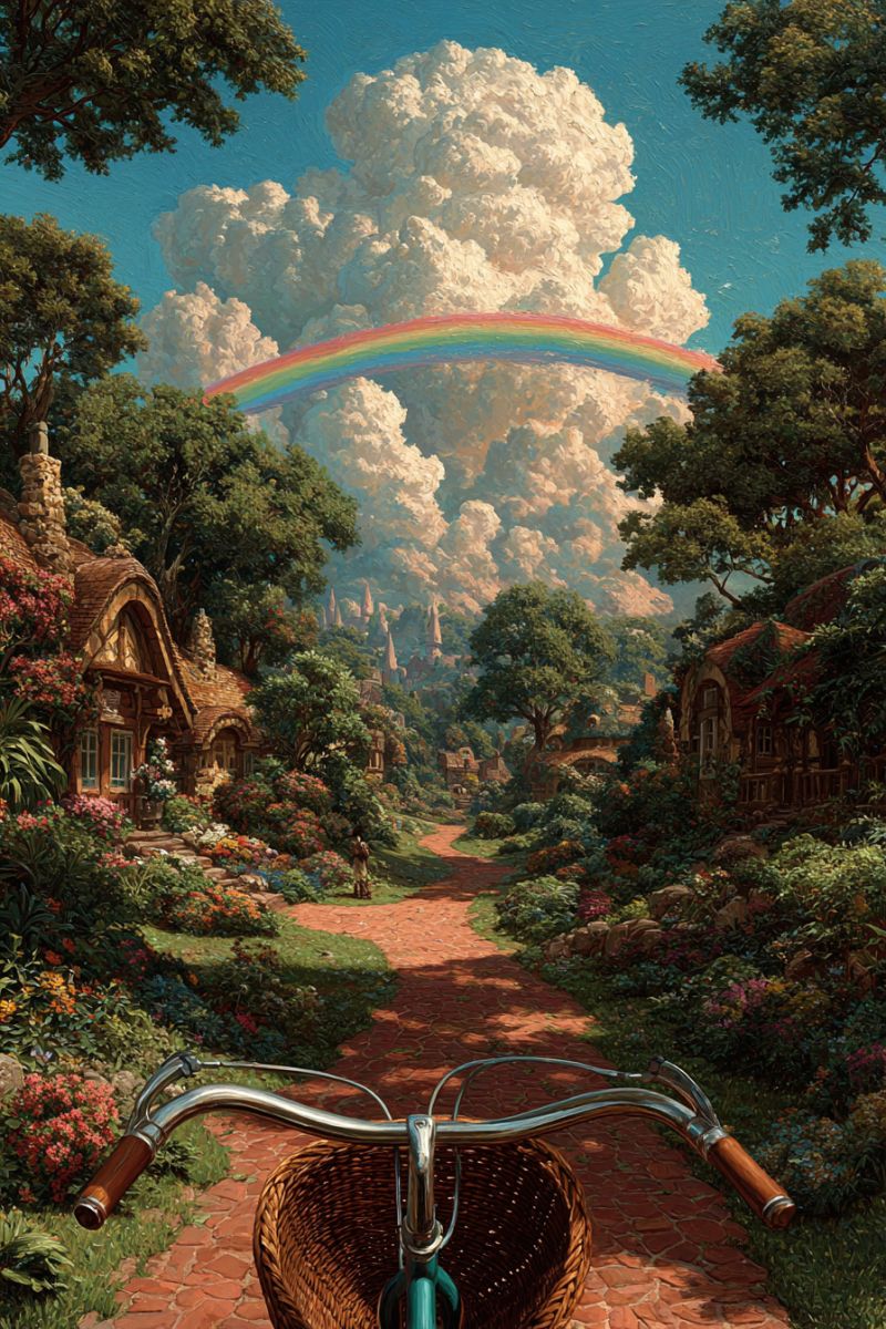 Painting road bicycle basket rainbow cloud house garden flowers trees sky mountains bridge village fantasy imagination magic wonder picturesque scene of a quaint village nestled in a lush, green valley. The focal point is a winding cobblestone path that meanders through the village, bordered by vibrant gardens filled with a variety of colorful flowers. On the left side, there is a charming cottage with a thatched roof, adorned with climbing roses and other flowering plants. The cottage is surrounded by a stone wall and a small garden. In the background, there are more cottages and a distant view of a castle or tower, suggesting a sense of history and tradition. The sky is a clear blue, with a large, fluffy cloud and a rainbow arching gracefully across it, adding a touch of magic to the scene. The overall atmosphere is serene and idyllic, evoking a sense of peace and tranquility.