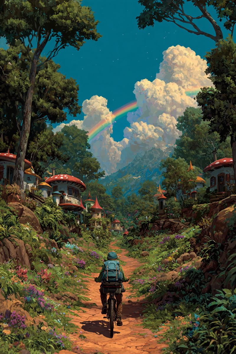 Painting fantasy mountain cloud rainbow road travel adventure bicycle cyclist cyclists An illustration depicts a person riding a bicycle on a narrow dirt path surrounded by lush greenery. The path winds through a picturesque valley with vibrant flowers and trees on either side. In the background, a rainbow arches gracefully across the sky, adding a magical touch to the scene. The valley is dotted with whimsical mushroom-shaped houses, each with unique designs and vibrant colors. The sky is a clear blue, dotted with fluffy white clouds, and the overall atmosphere is serene and enchanting.