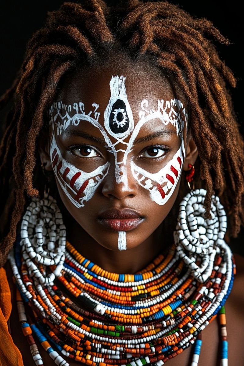 Traditional tribal paint ethnic adornment african cultural attire jewelry colorful beaded necklace afrocentric fashion women warrior makeup person adorned with traditional tribal makeup and headdress. The individual has dark skin, a prominent nose piercing, and is wearing jewelry such as earrings and bracelets. Their hair is long and straight, covering their face partially. There's an intricate design on the forehead and around the eyes that seems to be painted or applied with body art techniques. The makeup includes detailed patterns and designs on the cheeks and forehead that resemble tribal or African-inspired motifs. The person's facial expression is neutral, and they are looking directly at the camera. There's no text present in the image. The background is not visible due to the close-up framing of the photo.