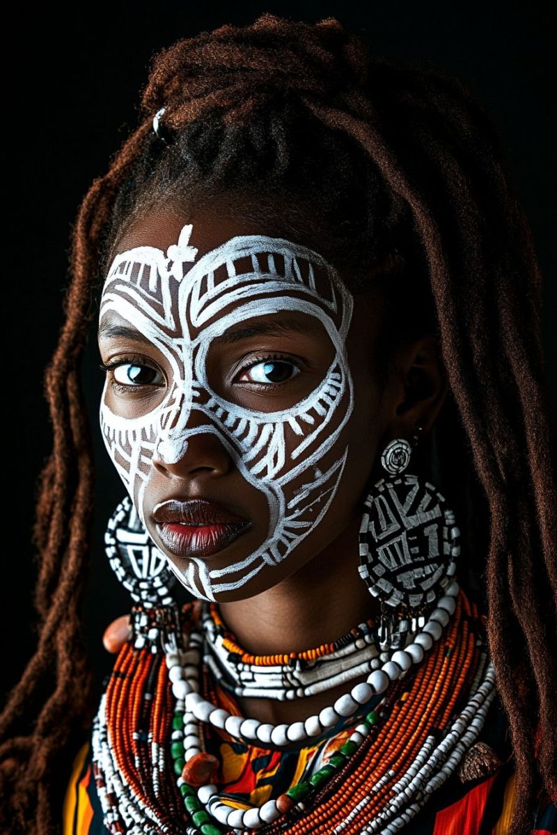 Tribal paint traditional african pattern mask design culture earring colorful necklace ethnic tattoo contemporary individual. The person appears to be a woman with distinctive features. She has intricate patterns painted or applied to her face, resembling tribal-style artwork. Her skin tone is dark, and she has long, curly hair adorned with what seem to be beads. The individual's attire includes large earrings, multiple necklaces with beads of varying colors (red, white, black), and an arrangement of what looks like tribal or traditional jewelry around her neck. The jewelry suggests a cultural or ethnic significance. She is also wearing a face mask that has detailed patterns similar to those on her skin, possibly indicating a connection to indigenous or African heritage. Her pose is neutral with her looking directly at the camera, and she occupies a significant portion of the image. The background is not visible in this crop, keeping the focus on her face and upper torso. The lighting appears to be even, providing clear visibility of all features.