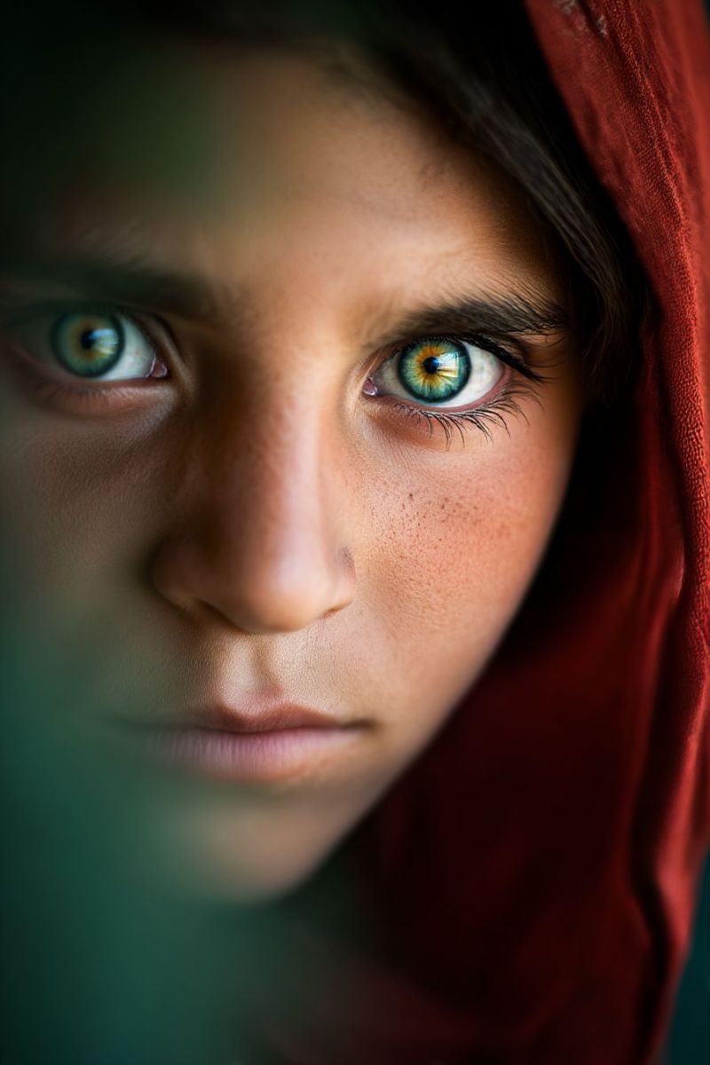 Oeil fille tete peau rouge capuche cicatrice tache rousseur narine levre joue oreille texture Un portrait rapproché d'une jeune fille aux yeux verts saisissants. Ses yeux sont grands et expressifs, avec un mélange de teintes vertes et jaunes. Elle a de longs cils foncés et un front légèrement plissé, lui donnant une expression pensive ou curieuse. Sa peau a un teint chaud et doré avec quelques taches de rousseur éparpillées sur ses joues et son nez. Elle porte un foulard rouge qui couvre ses cheveux et une partie de son front. L'arrière-plan est flou, concentrant l'attention sur son visage.