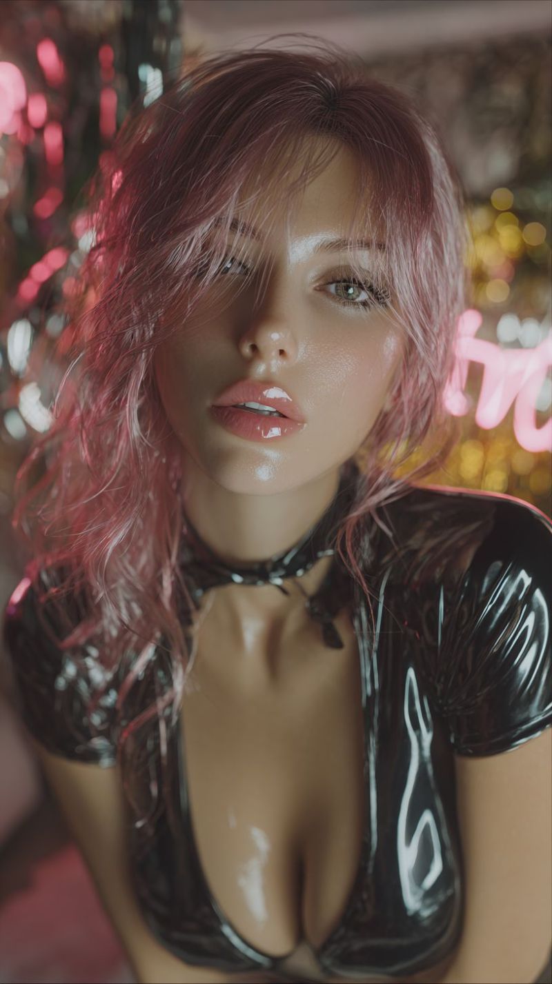 Woman glossy lips eyelashes eyebrows necklace collar neck skin eye eyelash eyebrow pink outfit makeup A woman with pink hair is posing for a photo. She has a serious expression and is wearing a black, shiny, and glossy top that appears to be made of plastic. Her lips are painted in a bright pink color, and she has a mole on her right shoulder. The background is blurry, with pink and yellow lights, and there is a pink neon sign with the letter 