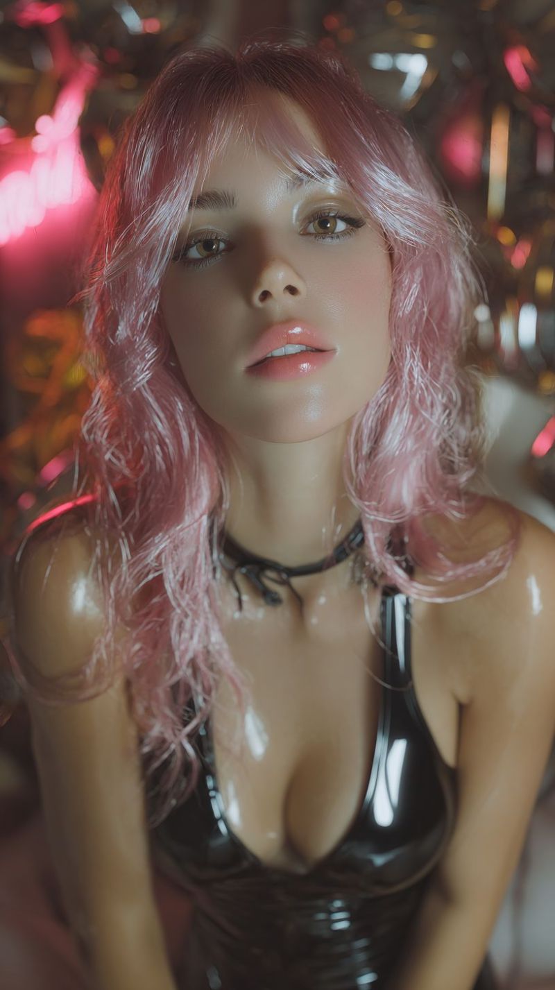Femme rose beaute maquillage cils sourcils collier col tenue eclairage Une femme aux cheveux roses est assise dans une pièce faiblement éclairée, portant une robe noire brillante et moulante. Elle a une expression sérieuse et regarde directement la caméra. Ses cheveux sont coiffés en ondes lâches et tombent sur ses épaules. L'arrière-plan est flou avec des lumières roses et jaunes, provenant peut-être d'un cadre de discothèque ou de fête.