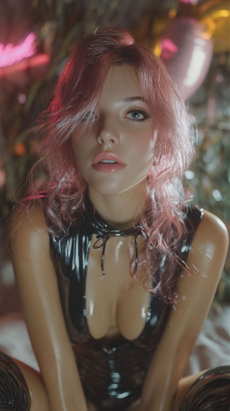 Woman lips eye neck dress necklace hairstyle makeup eyebrow eyelash ear earring skin texture A woman with pink hair is sitting on a bed, wearing a black, shiny, and tight-fitting dress with a black ribbon around her neck. She has a serious expression and is looking directly at the camera. The background is blurry, with a pink balloon and a pink light that seems to be a neon sign. The light is reflecting on the woman's face and hair.