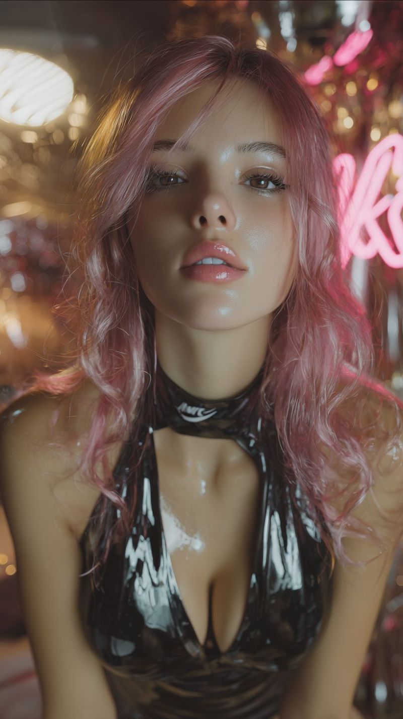 Femme rose oeil cou robe mouille brillance neon signe lettres Une femme aux cheveux roses pose pour une photo. Elle porte une robe noire, brillante et d'apparence humide avec un col montant. Ses cheveux sont coiffés en vagues lâches et tombent sur ses épaules. Elle a du maquillage, y compris de l'eyeliner et du rouge à lèvres rose. L'arrière-plan est flou avec des lumières roses, provenant peut-être d'un néon.