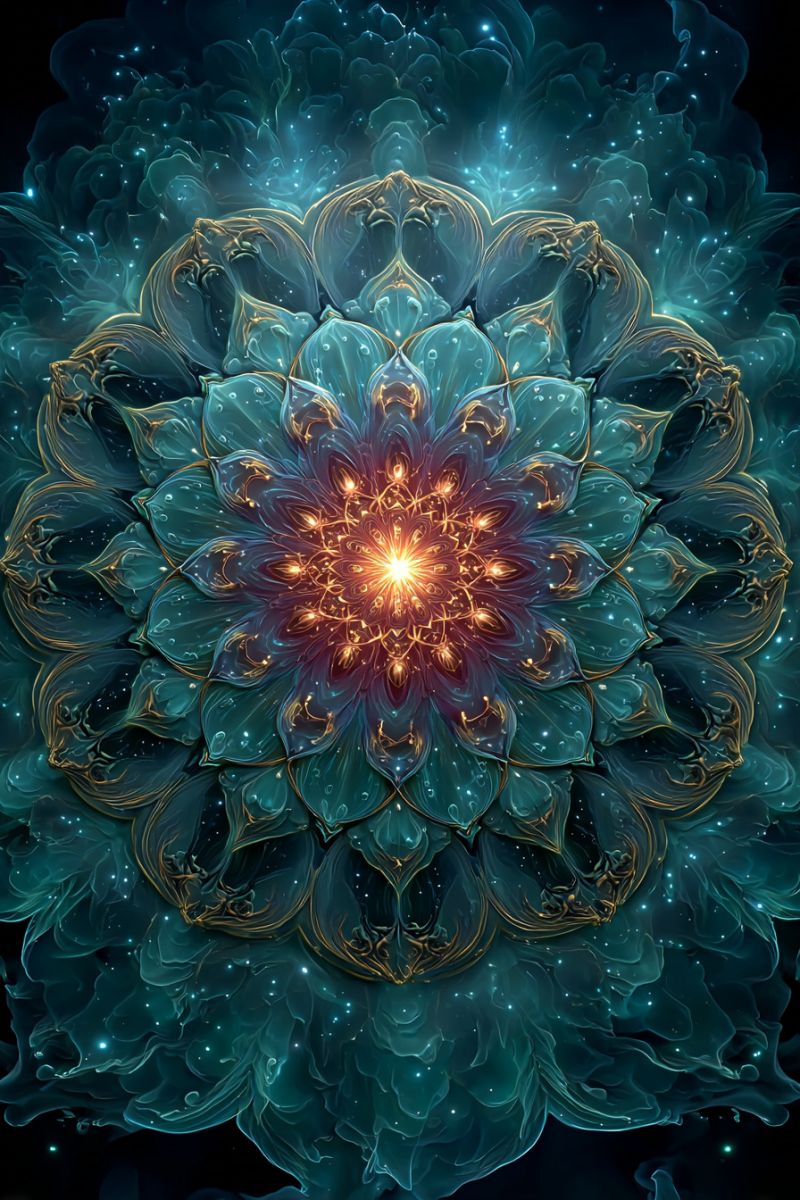 Flower flowers painting floral design nature Une oeuvre d'art numérique vibrante et abstraite présente une grande fleur complexe au centre, entourée de motifs fluides et tourbillonnants. La fleur a plusieurs couches de pétales, chacune avec une qualité brillante et translucide. Les pétales sont principalement bleus et verts, avec des accents dorés qui ajoutent un effet scintillant. Le centre de la fleur est d'un jaune radieux, irradiant vers l'extérieur en une série de cercles concentriques. Le fond est d'un bleu profond et sombre, parsemé de minuscules lumières brillantes qui ressemblent à des étoiles. La composition globale est dynamique, avec un sentiment de mouvement et de profondeur