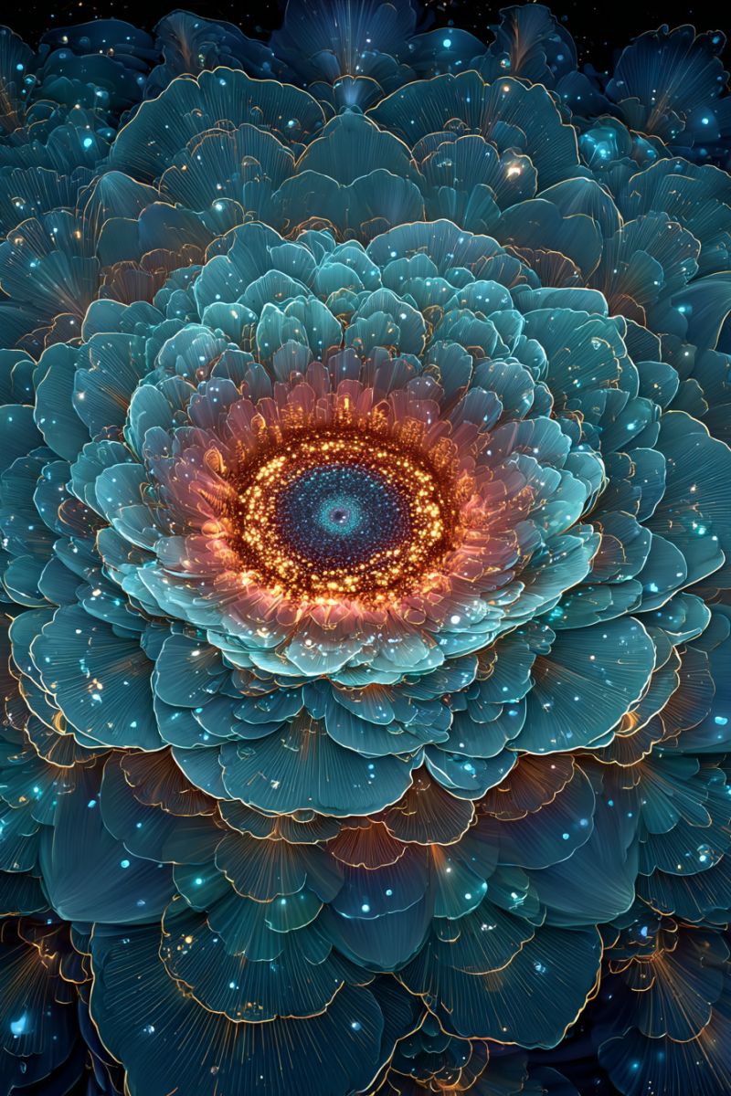 Fleur floral design geometrique nature symetrie fractal texture reflet eau bulles Une fleur vibrante et complexe avec de multiples couches de pétales dans des nuances de bleu, de vert-bleu et d'or. Le centre de la fleur est un cercle bleu profond avec un anneau doré autour, irradiant vers l'extérieur avec une teinte orange ardente. Les pétales sont ornés de minuscules lumières scintillantes qui donnent à la fleur une apparence magique et éthérée. Le fond est sombre, rehaussant la qualité lumineuse de la fleur.
