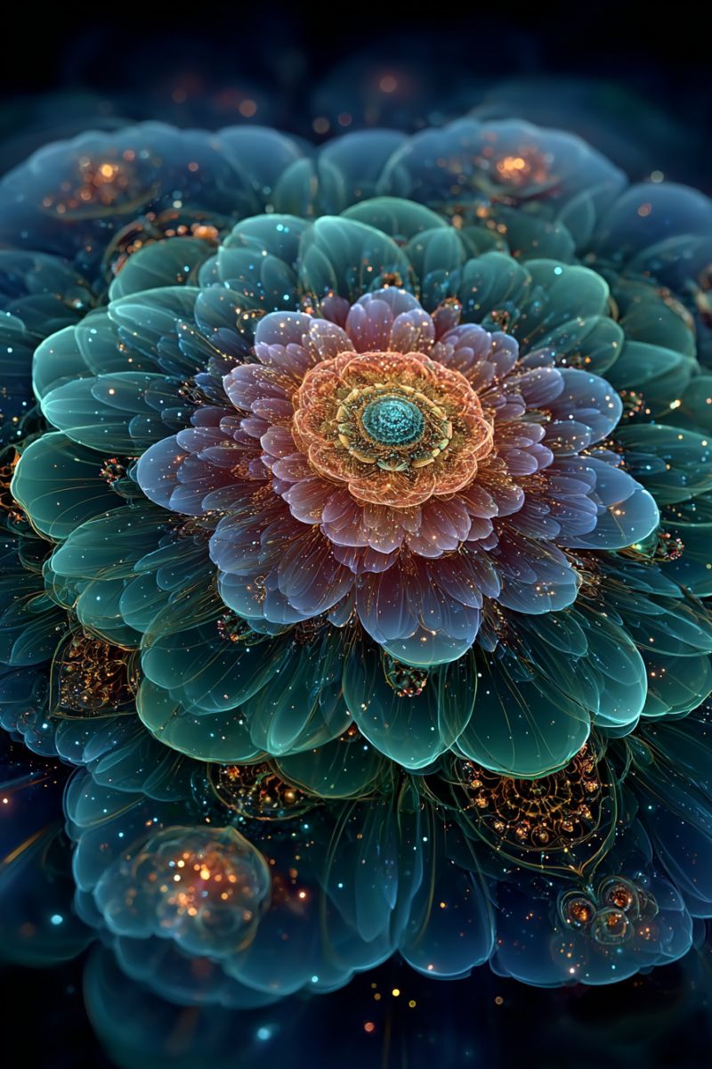 Flower fractal colorful pattern design texture nature geometric symmetry ornamental complex imagination creativity Une oeuvre d'art numérique vibrante et abstraite met en vedette une grande fleur complexe au centre. La fleur est composée de multiples couches de pétales, chacune avec une qualité brillante et translucide. Les pétales sont principalement dans des nuances de bleu et de violet, avec des touches d'or et de vert. Le centre de la fleur est une spirale multicolore complexe, avec un noyau turquoise entouré de couches d'orange, de jaune et de vert. Le fond est un bleu profond et sombre, avec des points dorés et blancs éparpillés qui ressemblent à des étoiles ou de petites lumières. L'effet global est celui d'une floraison fantastique et d'un autre monde, éclatant d'une lumière intérieure contre un arrière-plan sombre et mystérieux