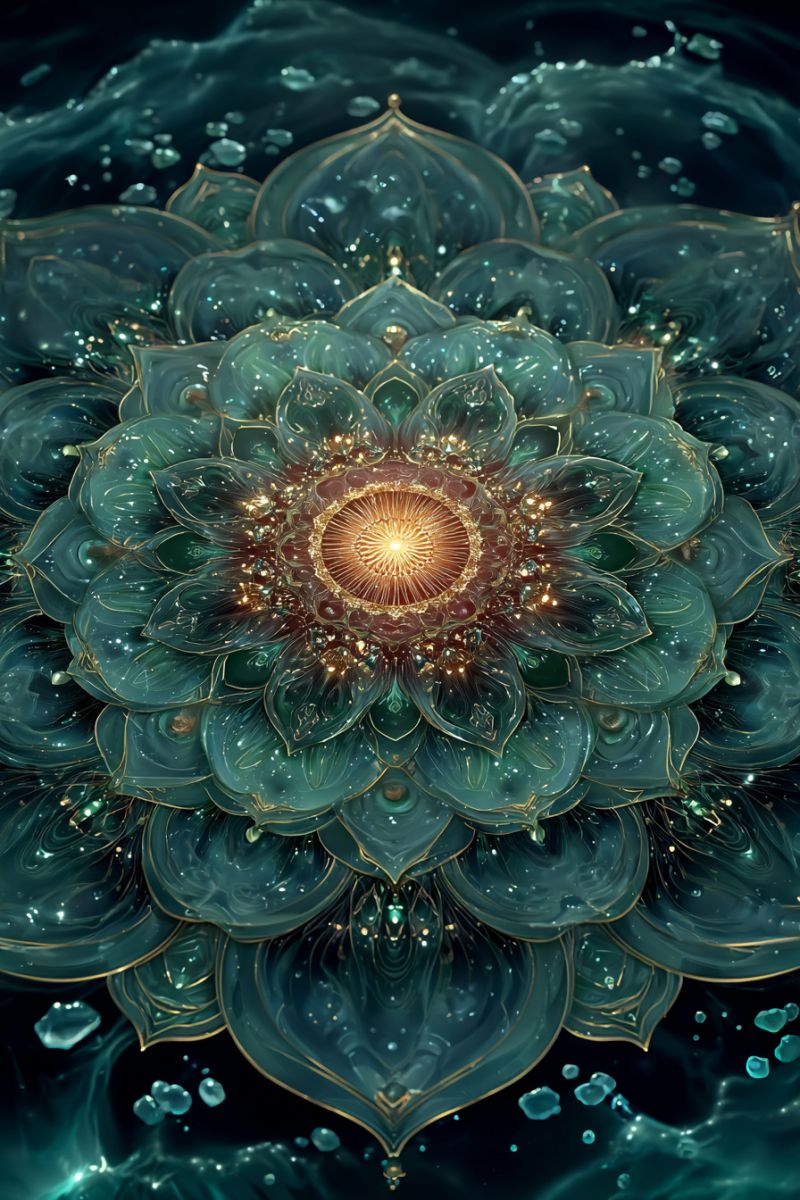 Flower water bubbles colorful design droplet A large, intricate flower with multiple layers of petals floats in a deep blue, watery environment. The petals are translucent, with a shimmering, glass-like texture, and are outlined in gold. The center of the flower is a bright, golden-yellow circle, radiating light. The background is a dark blue, with scattered bubbles and droplets, adding to the aquatic feel. The overall effect is ethereal and otherworldly.