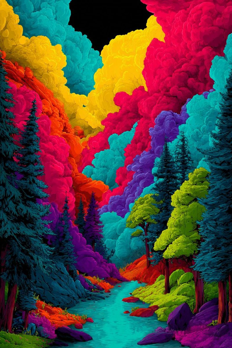 Foret arbres riviere montagnes rochers collines eau ciel nuages brouillard brume nature Paysage vibrant et surréaliste avec une rivière qui le traverse. La rivière est d'un bleu profond, contrastant avec les environs colorés. Les arbres bordant la rivière sont peints en diverses couleurs vives, notamment rouge, jaune, orange, violet et vert. Le feuillage est dense, avec des arbres qui semblent être des conifères. L'arrière-plan présente de grandes formations ressemblant à des nuages dans des nuances de rose, jaune et bleu, ajoutant à l'atmosphère fantastique. Le ciel au-dessus est sombre, rehaussant la vivacité des couleurs en dessous. La scène globale rappelle une forêt onirique, avec un sentiment de mouvement et d'énergie.
