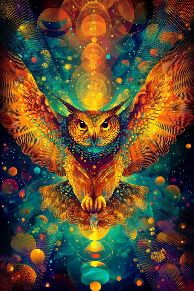 Owl wings feathers eyes beak claws colorful pattern bubbles dark night sky space universe cosmic galaxy star An owl with vibrant, multicolored feathers is depicted in mid-flight, its wings spread wide. The owl's body is a blend of warm yellows, oranges, and greens, with intricate patterns that resemble scales or feathers. Its eyes are large and yellow, glowing with a mystical light. The background is a swirling mix of colors, including blues, purples, and yellows, with circular shapes that resemble bubbles or orbs, adding to the mystical and otherworldly atmosphere. The owl appears to be floating in a space filled with these colorful, abstract forms.