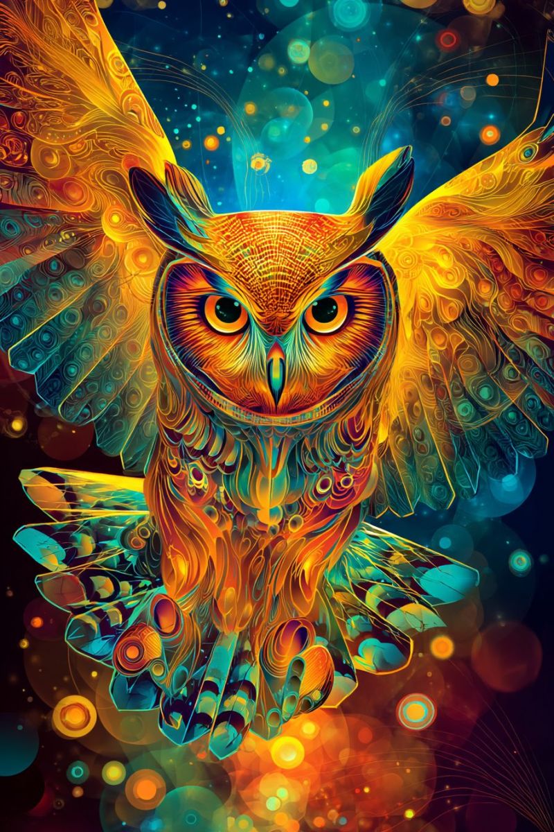 Owl feathers wings colorful pattern design eyes beak night flight nocturnal predator wild nature wildlife fantasy imagination An owl with its wings spread wide, painted in vibrant colors. The owl's body is a mix of orange, yellow, and blue, with intricate patterns resembling feathers. Its eyes are large and yellow, with a slight glow. The background is a mix of blue, green, and orange, with abstract shapes and lines. The owl's wings are painted with a combination of orange, yellow, and blue, with intricate patterns that resemble feathers. The owl's body is painted with a combination of orange, yellow, and blue, with intricate patterns that resemble feathers.