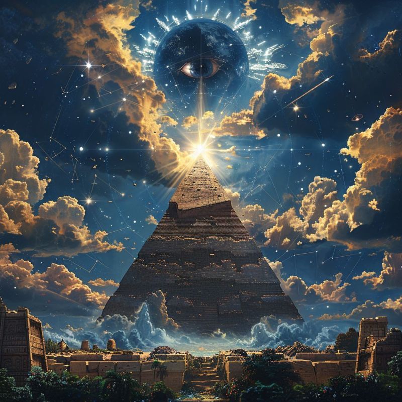 Pyramide ancienne egyptienne yeux cosmiques ciel nuit etoilee nuages etoiles mythologique entree mystique corps celestes dessus terre hieroglyphiques L'image que vous avez fournie ressemble à une oeuvre d'art numérique ou une illustration qui met en avant une pyramide comme objet central. Sur la pyramide, se trouve un oeil qui pourrait symboliser la sagesse, le savoir-faire ou l'mysticisme. En entourant la pyramide et l'oeil, des objets célestes tels que des étoiles et une planète ressemblant à la Terre avec des motifs de nuages visibles, suggèrent un décor nocturne. L'oeuvre d'art a un thème fantastique et cosmique, en mettant l'accent sur la lumière et le jeu entre les éléments terrestres et célestes. La pyramide est entourée de ce qui ressemble à des nuages flous, et il y a une impression de profondeur créée par le layering des éléments. L'impression globale est celle d'une grandeur et d'une signification mystique.