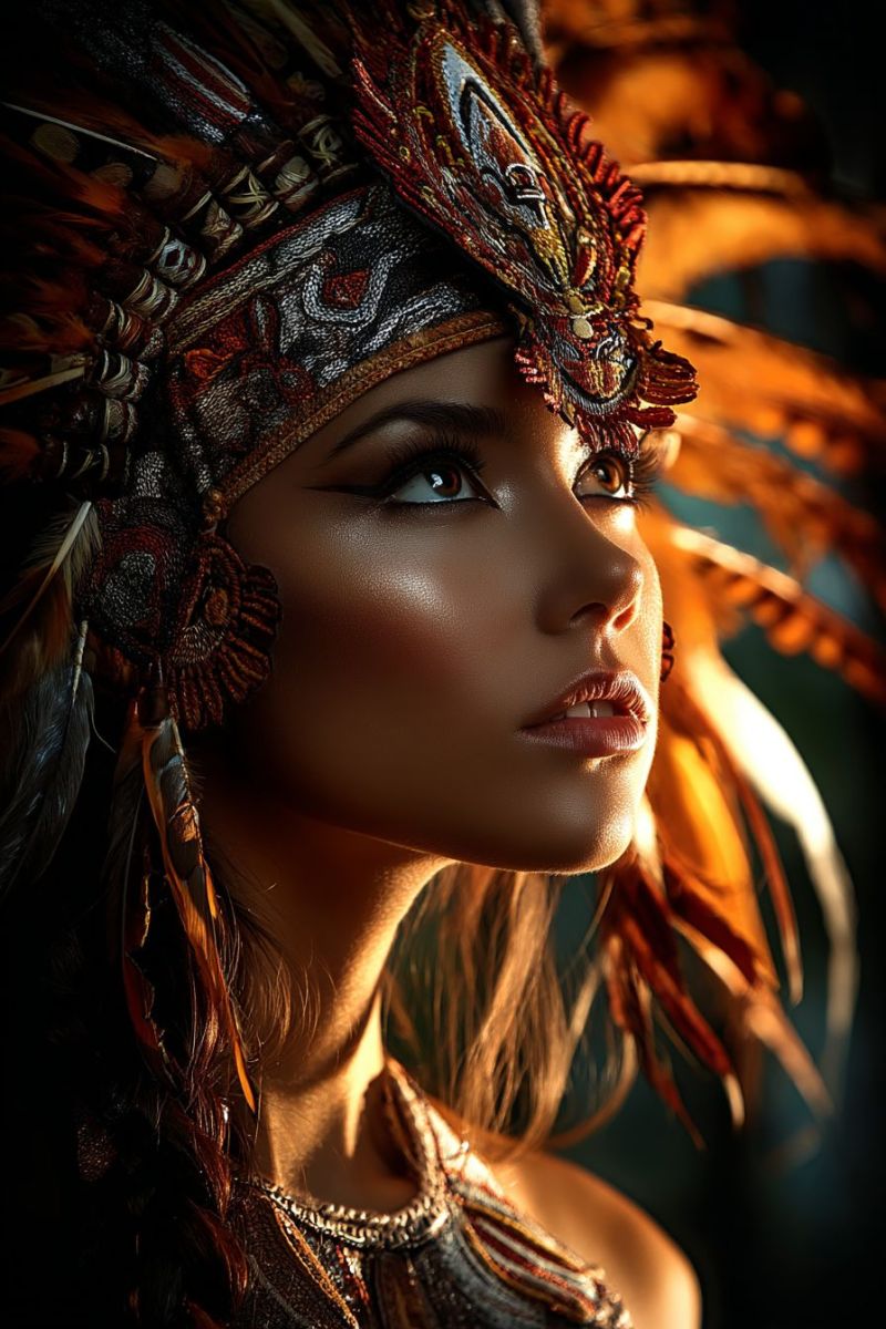 Woman headdress feathers jewelry necklace earring ear hair hairstyle makeup eyeliner eyeshadow lips A woman with brown skin and brown eyes is wearing a headdress with feathers and intricate designs. She has long, wavy hair and is dressed in a costume that includes a necklace and a patterned dress. Her face is illuminated by a light, and she is looking to the side with her lips slightly parted. The background is dark, and the focus is on her face and headdress.