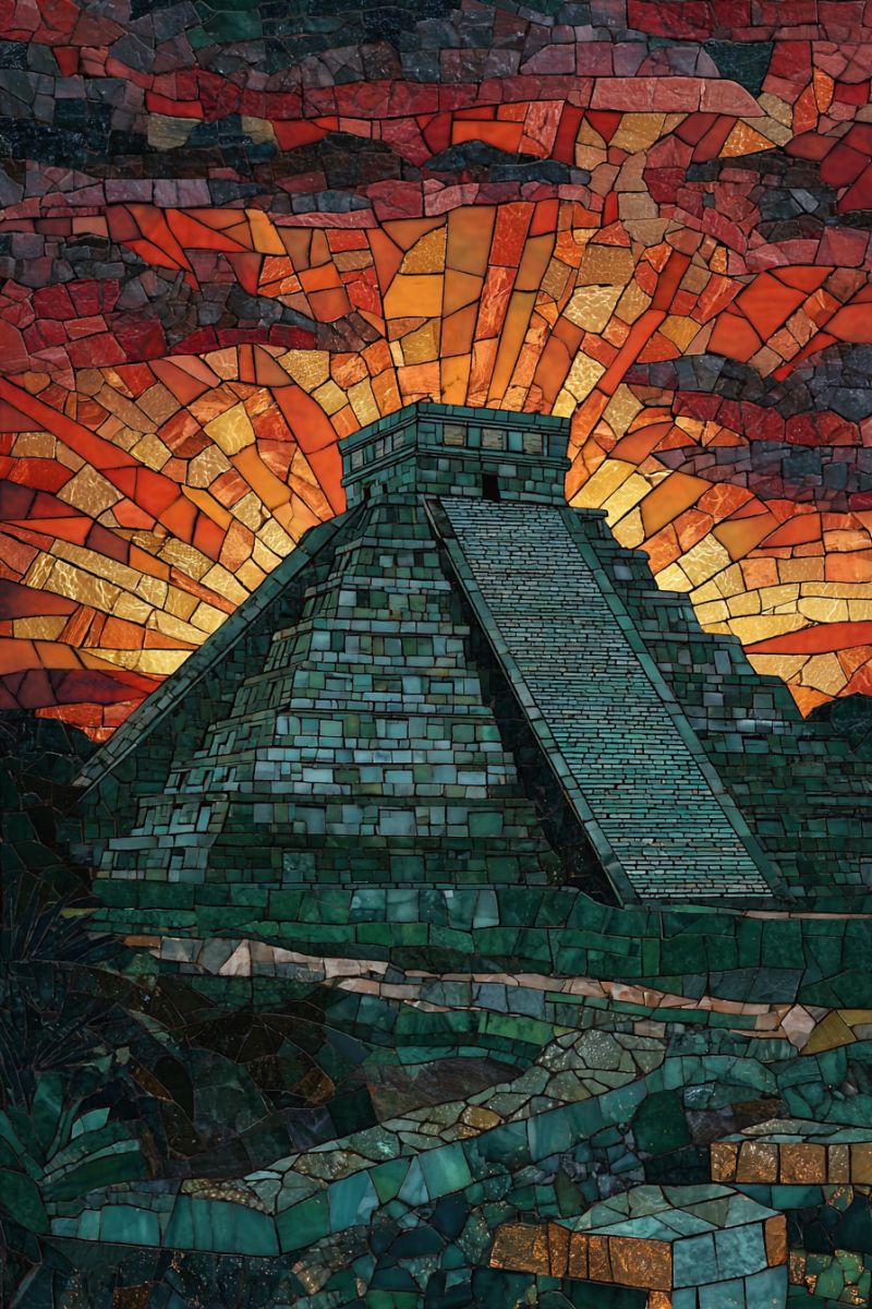Mosaic pyramid ancient architecture colorful design history inca mexico pattern sun tile Une oeuvre d'art en mosaïque représente une pyramide avec un coucher de soleil en arrière-plan. La pyramide est construite à partir de carreaux verts et turquoises, avec une structure étagée. Le coucher de soleil est représenté par une mosaïque vibrante de carreaux rouges, orange et jaunes, créant un effet chaud et lumineux. Le ciel au-dessus de la pyramide est rempli de nuages, ajoutant de la profondeur et de la texture à la scène. Le premier plan de la mosaïque est composé de diverses nuances de carreaux verts et bruns, créant un paysage luxuriant et naturel. La composition globale est complexe et détaillée, mettant en valeur le talent de l'artiste pour créer une oeuvre d'art visuellement époustouflante et immersive