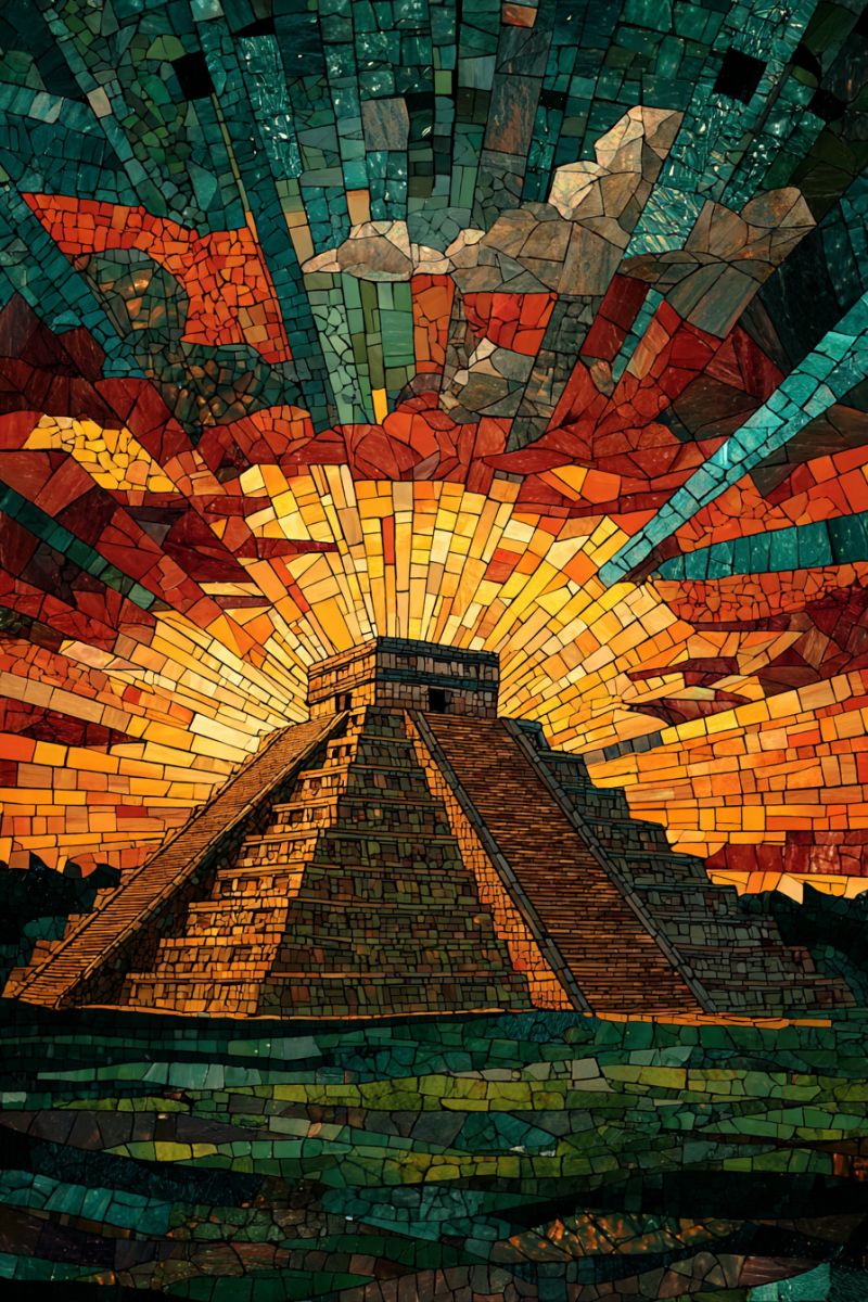Mosaique pyramide soleil ciel ancien architecture design texture reflexion histoire culture voyage destination nature air oeuvre d'art en mosaïque vibrante représentant une pyramide, possiblement la Pyramide de Kukulkan à Chichen Itza. La pyramide est construite avec une série de terrasses étagées menant à un sommet plat. La mosaïque est composée de petites tuiles colorées disposées de manière à créer un effet dynamique, presque tridimensionnel. Les tuiles sont principalement dans des nuances de vert, d'orange et de rouge, avec quelques accents de bleu et de jaune. Le ciel au-dessus de la pyramide est rempli d'une mosaïque de nuages et de rayons de lumière, suggérant un coucher ou un lever de soleil. La composition globale est très détaillée et complexe, avec les tuiles formant un motif complexe qui ajoute de la profondeur et de la texture à l'image.