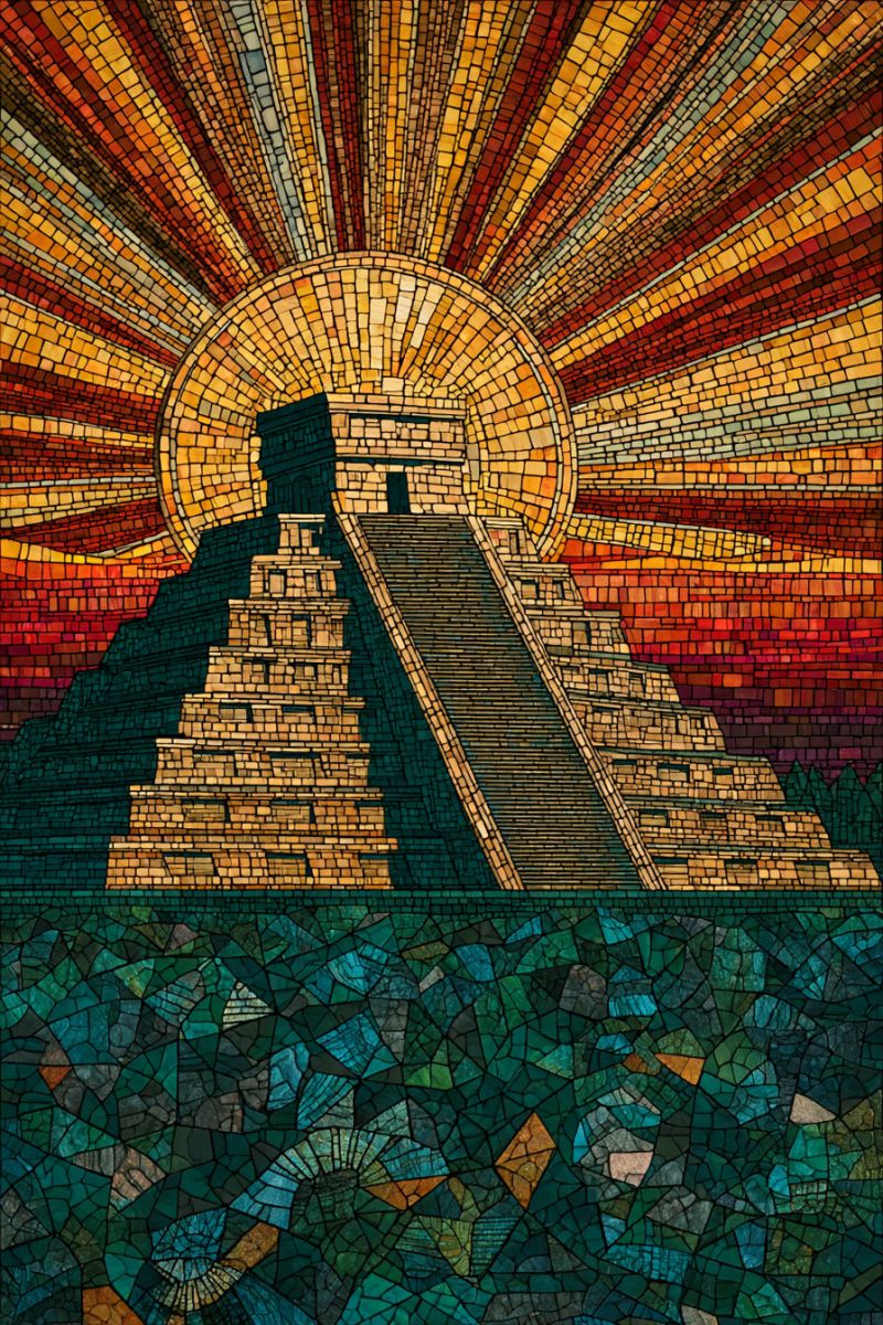 Mosaic pyramid sun ancient architecture colorful design drawing egypt pattern reflection shadow sky sunset texture water Oeuvre d'art en mosaïque vibrante représentant une structure pyramidale. La pyramide est composée de plusieurs couches, chacune faite de petites tuiles colorées. Les tuiles sont disposées de manière à créer un effet de gradins, ressemblant aux anciennes pyramides d'Égypte ou de Mésoamérique. La pyramide est placée sur fond d'un soleil radieux, représenté par une mosaïque circulaire de tuiles chaudes, dorées et orange rayonnant vers l'extérieur. Les rayons du soleil s'étendent sur le haut de l'image, ajoutant un sentiment de grandeur et de lumière. Sous la pyramide, l'oeuvre se transforme en une mosaïque de tuiles bleues et vertes, formant un motif ondulé et abstrait qui pourrait représenter l'eau ou un fleuve en mouvement. La composition globale est riche en couleurs et en textures, avec le contraste entre les tons chauds et dorés du soleil et les bleus et verts frais et apaisants de l'eau créant une scène visuellement saisissante