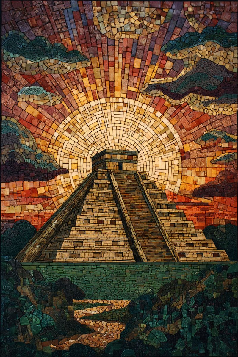 Mosaique pyramide soleil ciel nuages coucher architecture ancienne histoire culture design texture ombre reflet nature oeuvre d'art en mosaïque vibrante d'une pyramide sur fond de coucher de soleil. La pyramide est construite à partir d'une variété de carreaux colorés, avec une tour centrale s'élevant de la base. Le ciel au-dessus est un mélange de teintes chaudes, passant des oranges et rouges profonds près de l'horizon aux jaunes et blancs plus clairs vers le haut, symbolisant le soleil couchant. Autour de la pyramide, le paysage est représenté avec un mélange de carreaux verts et bruns, suggérant un environnement naturel. Toute la scène est encadrée par une bordure sombre, mettant en valeur la mosaïque.