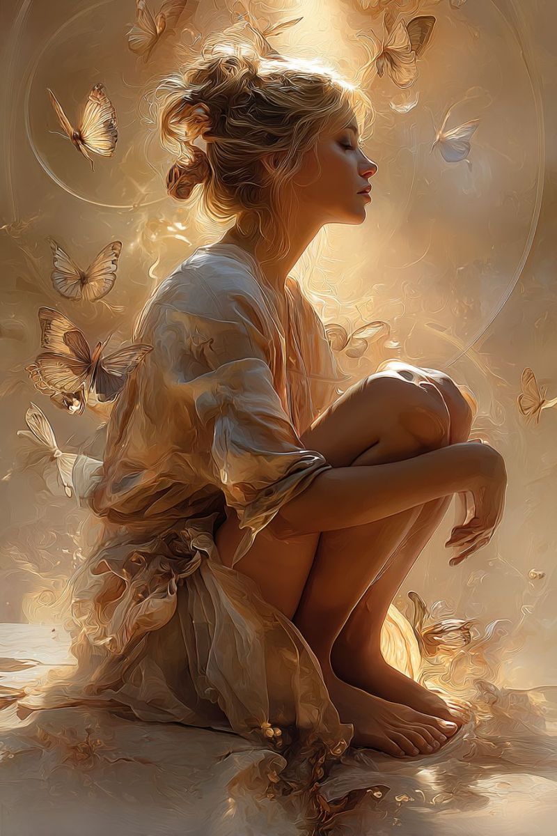 Femme papillons assise onirique fantaisie lueur ailes robe sol yeux fermes ombre Une femme aux cheveux blonds est assise par terre les jambes croisées. Elle porte une robe fluide et a les yeux fermés. Elle est entourée par un cercle de papillons qui volent autour d'elle. Le fond est d'une couleur chaude et dorée, et la lumière brille sur la femme et les papillons. L'image a une qualité onirique et éthérée.