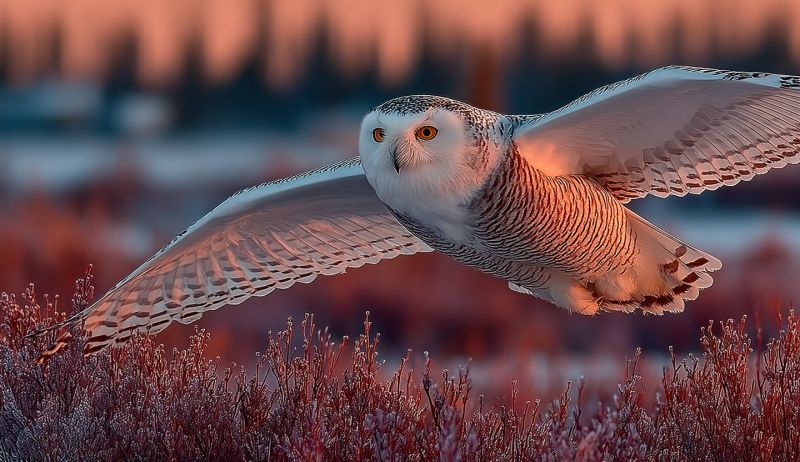 Hiboux oiseau vol faune nature plumes ailes predateur nocturne chasse enneige gel toundra crepuscule coucher soleil automne buisson habitat Un hibou des neiges est en plein vol, ses ailes largement déployées. Le hibou a un corps blanc avec des taches noires et brunes, et ses yeux sont d'un jaune vif. L'arrière-plan est un mélange de buissons rouge-brun et d'un ciel doux, rose-orangé, suggérant soit l'aube, soit le crépuscule. Au loin, il y a des silhouettes d'arbres, indiquant une zone boisée. L'ombre du hibou est projetée sur le sol en dessous, ajoutant de la profondeur à l'image.