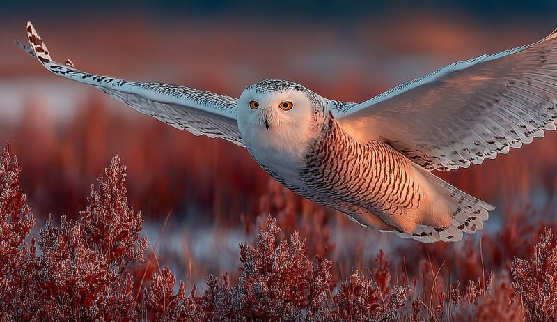 Chouette vol plumes ailes nature faune oiseau predateur nocturne chasse herbe pre automne animal ciel oeil bec griffes Un hibou des neiges est en plein vol, ses ailes largement déployées. Le hibou a un corps blanc avec des taches noires et brunes. Ses yeux sont jaunes, et il a un petit bec pointu. Le hibou vole au-dessus d'un champ de plantes rouges et pointues. Le ciel en arrière-plan est un mélange de bleu et d'orange, suggérant soit l'aube, soit le crépuscule.