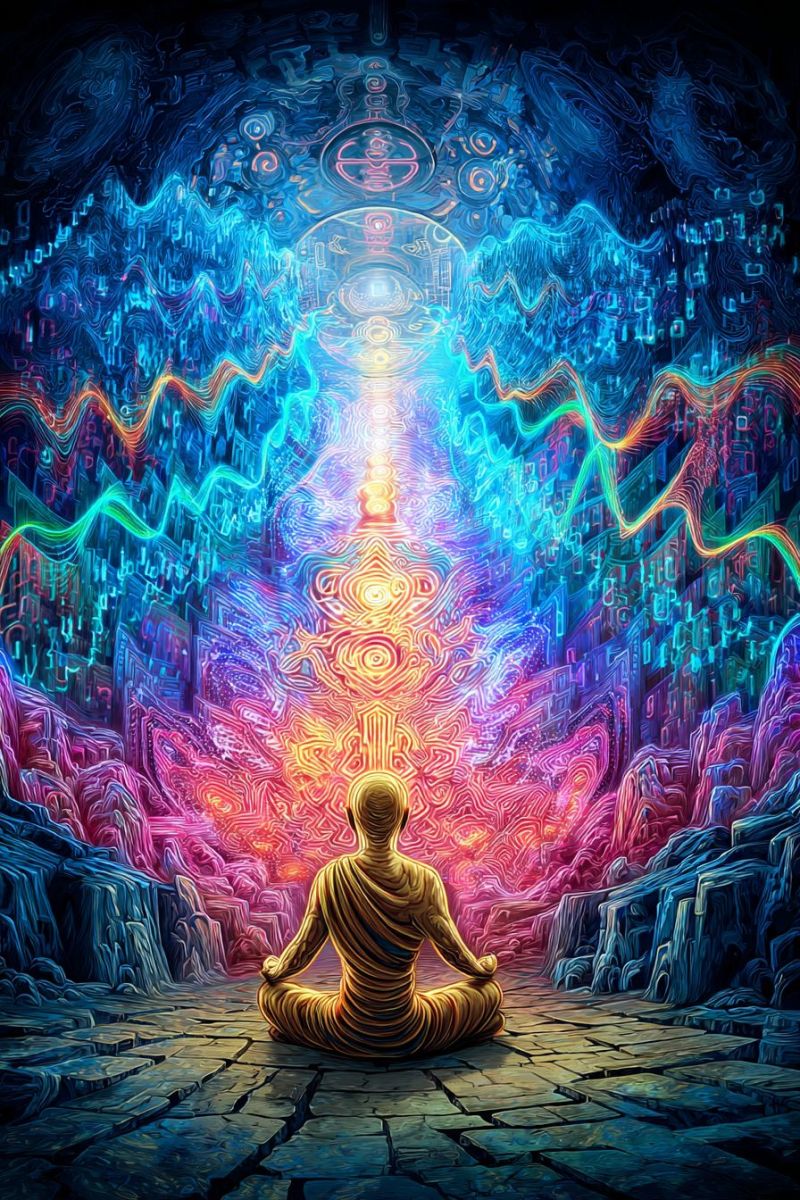 Meditation bouddha zen spiritualite vague geometrique fantaisie onirique mystique cosmique energie aura vibration Une figure sereine est assise en tailleur dans une pose méditative, entourée d'un arrière-plan vibrant et tourbillonnant de couleurs. La figure est vêtue d'une robe fluide, avec une expression sereine sur son visage. L'arrière-plan est un kaléidoscope de couleurs, incluant des bleus, des violets, des roses et des jaunes, avec des motifs et des formes complexes qui semblent se mouvoir et se déplacer. L'effet global est celui de la tranquillité et de la profondeur spirituelle, avec la figure apparaissant dans un état de profonde méditation ou de contemplation.