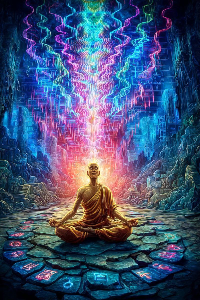 Meditation bouddha pierre mur sol chemin cercle Une figure sereine, probablement un moine, est assise dans une pose méditative sur une plateforme de pierre. Le cadre est une grotte avec un affichage lumineux multicolore vibrant derrière lui, ressemblant à une cascade de couleurs néon. Les parois de la grotte sont texturées et semblent être faites de pierre. Le moine est vêtu d'une robe simple et a une expression calme. Autour de la plateforme se trouvent des pierres avec des symboles lumineux, ajoutant à l'atmosphère mystique.