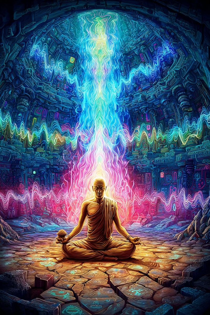 Meditation bouddha pierre mur sol Une figure sereine, probablement un moine, est assise les jambes croisées sur un sol de pierre fissuré, tenant une coupe sur ses genoux. Il est chauve et porte une robe simple. Derrière lui, un tourbillon vibrant et tournoyant de couleurs, incluant des bleus, des roses et des jaunes, émane du centre de l'image, créant un fond dynamique et mystique. Le sol est inégal, avec diverses pierres et fissures, et le fond présente un design complexe, presque architectural, avec des motifs géométriques et des éléments lumineux. L'atmosphère générale est celle d'une profonde méditation et d'une connexion spirituelle.